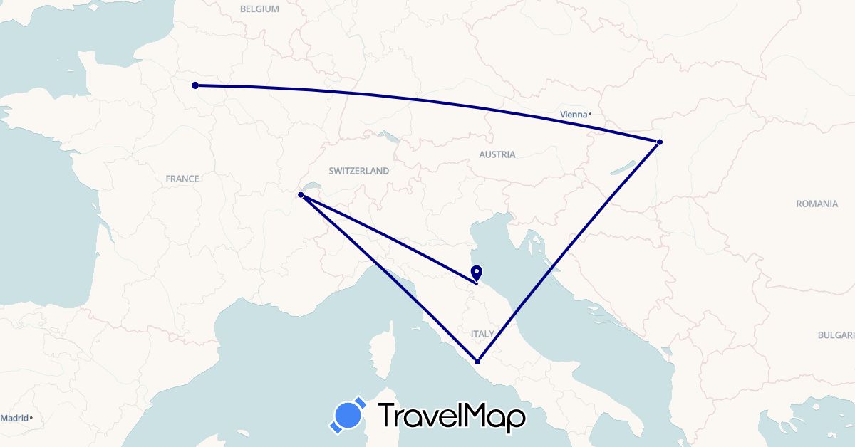 TravelMap itinerary: driving in Switzerland, France, Hungary, Italy, San Marino (Europe)