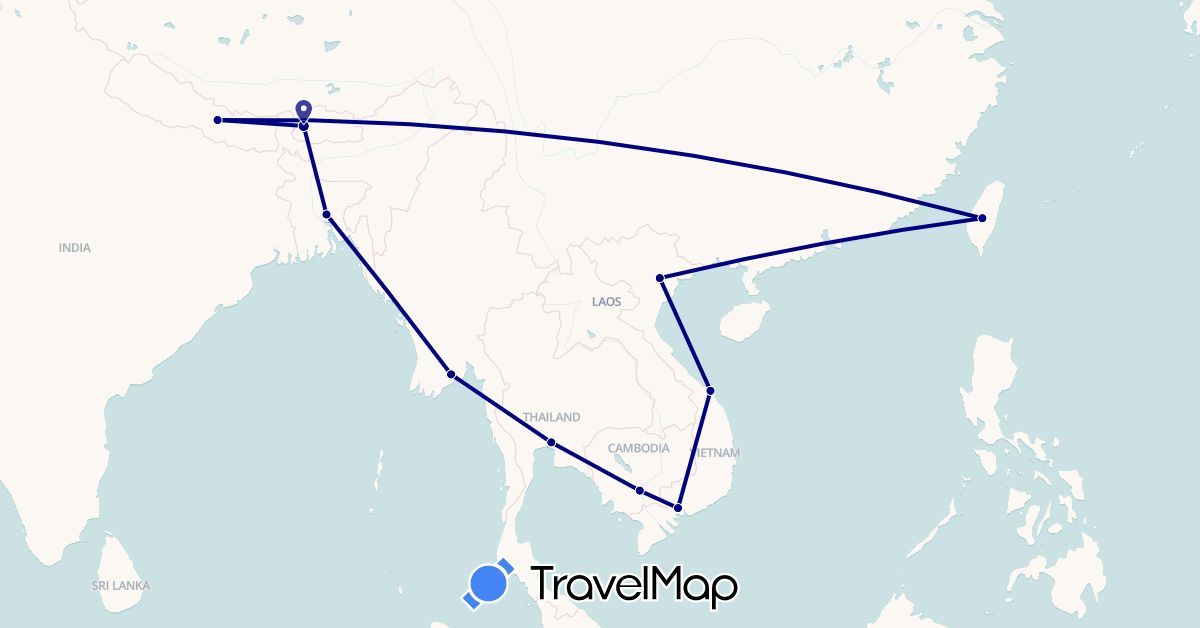 TravelMap itinerary: driving in Bangladesh, Bhutan, Cambodia, Myanmar (Burma), Nepal, Thailand, Taiwan, Vietnam (Asia)